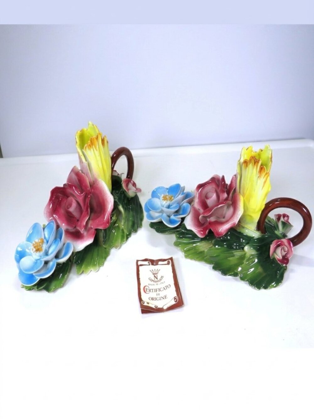 Vintage Capodimonte Italian Porcelain Flower Taper Candle Holders - Pair, Crown